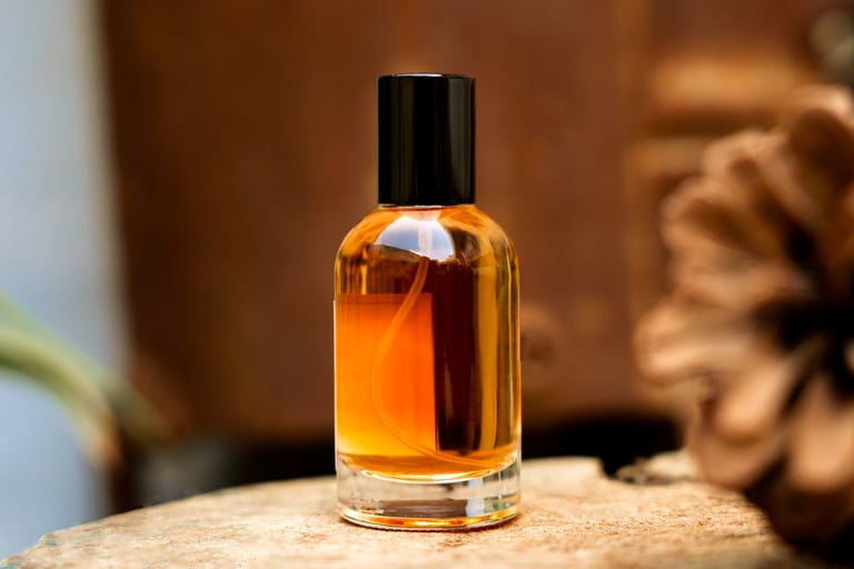Allure mood - amber perfume bottle on rustic wooden surface