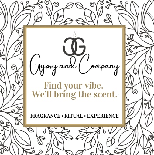 Gypsy and Company logo with tagline 'Find your vibe. We'll bring the scent.' on ornate botanical background