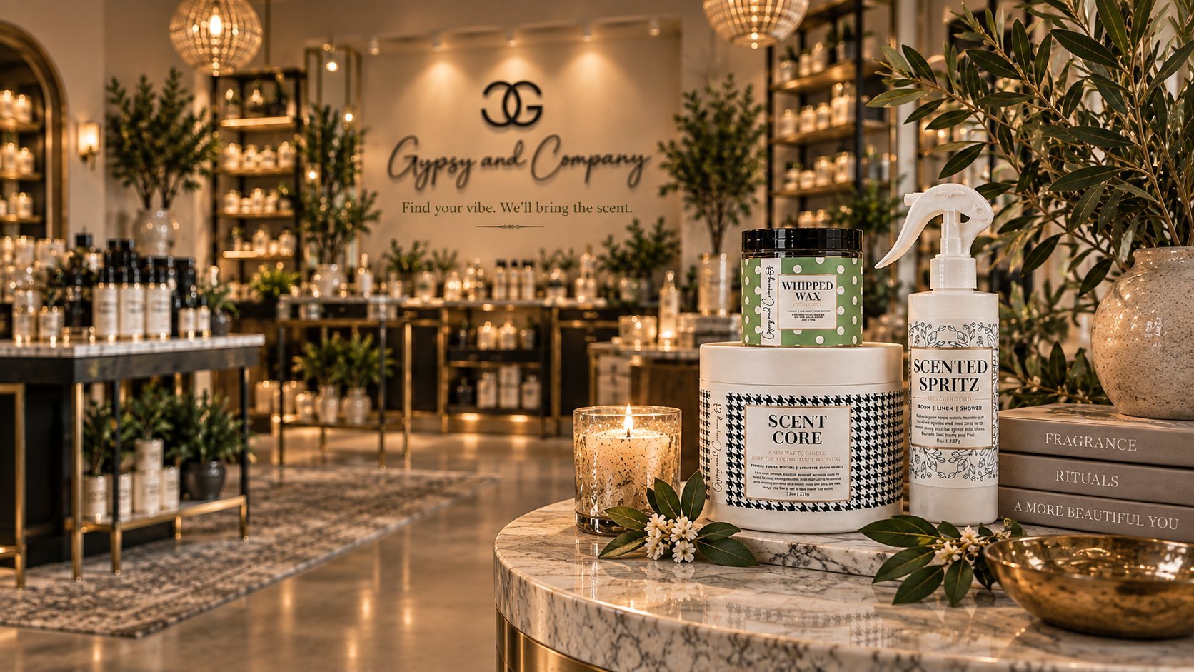 Luxury home fragrance retail store with elegant marble counter, candles, and decorative products displayed in warm lighting